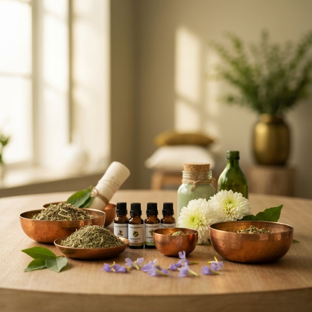 Ayurvedic herbs, essential oils, and copper bowls arranged for a healing session at Shanti Yoga
