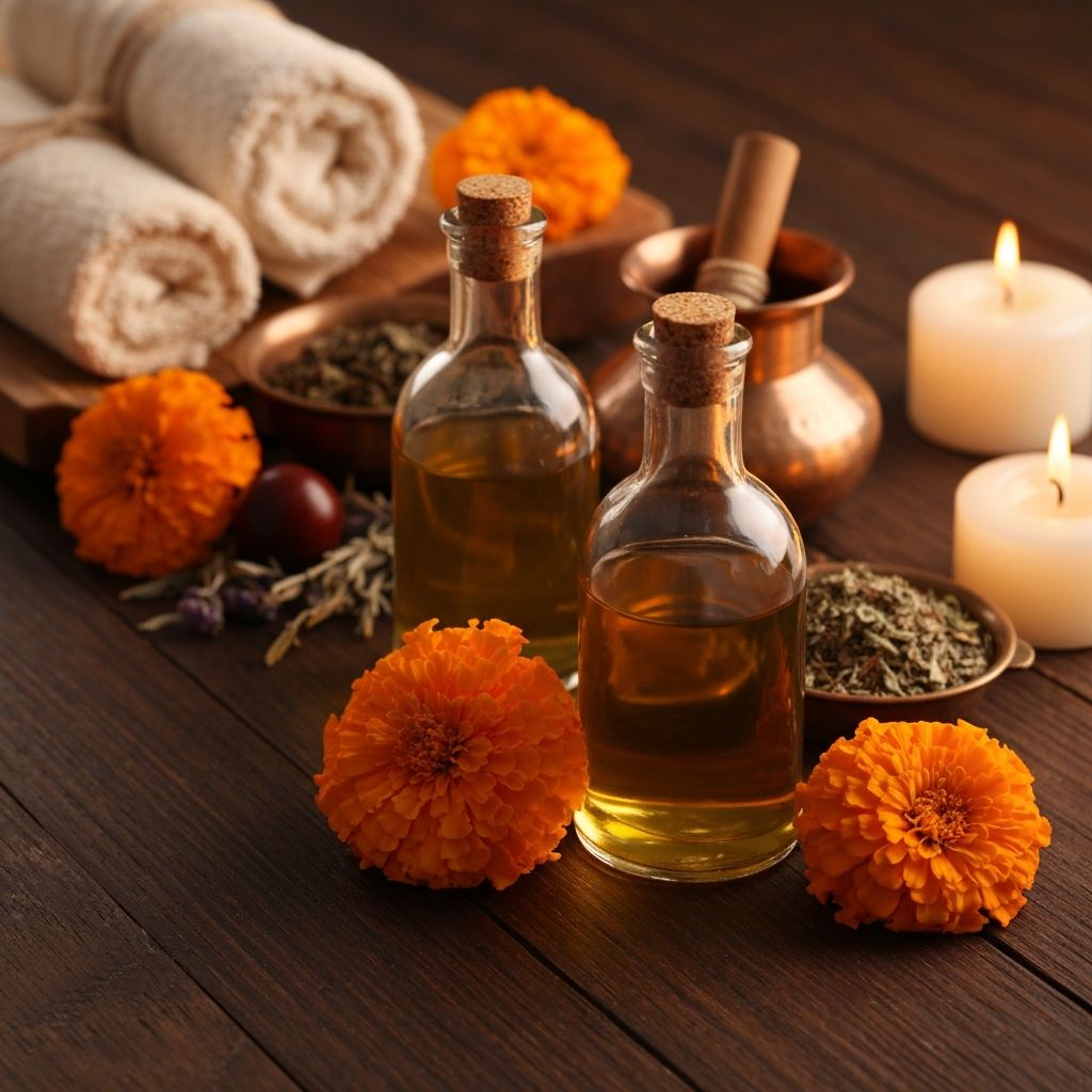 Ayurvedic healing oils, herbs, and copper vessels prepared for a healing therapy session