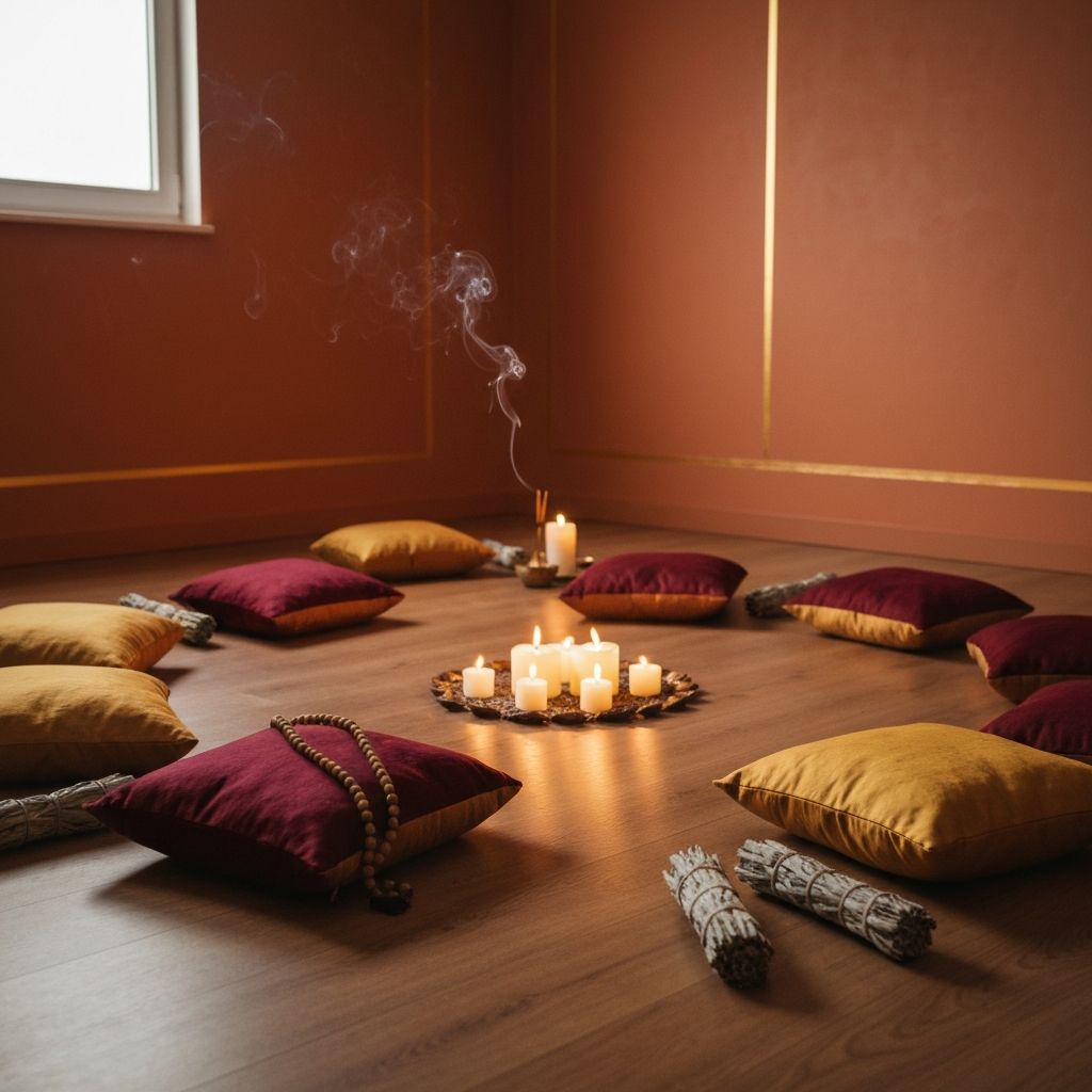 Sacred meditation room with cushions arranged around a central candle arrangement