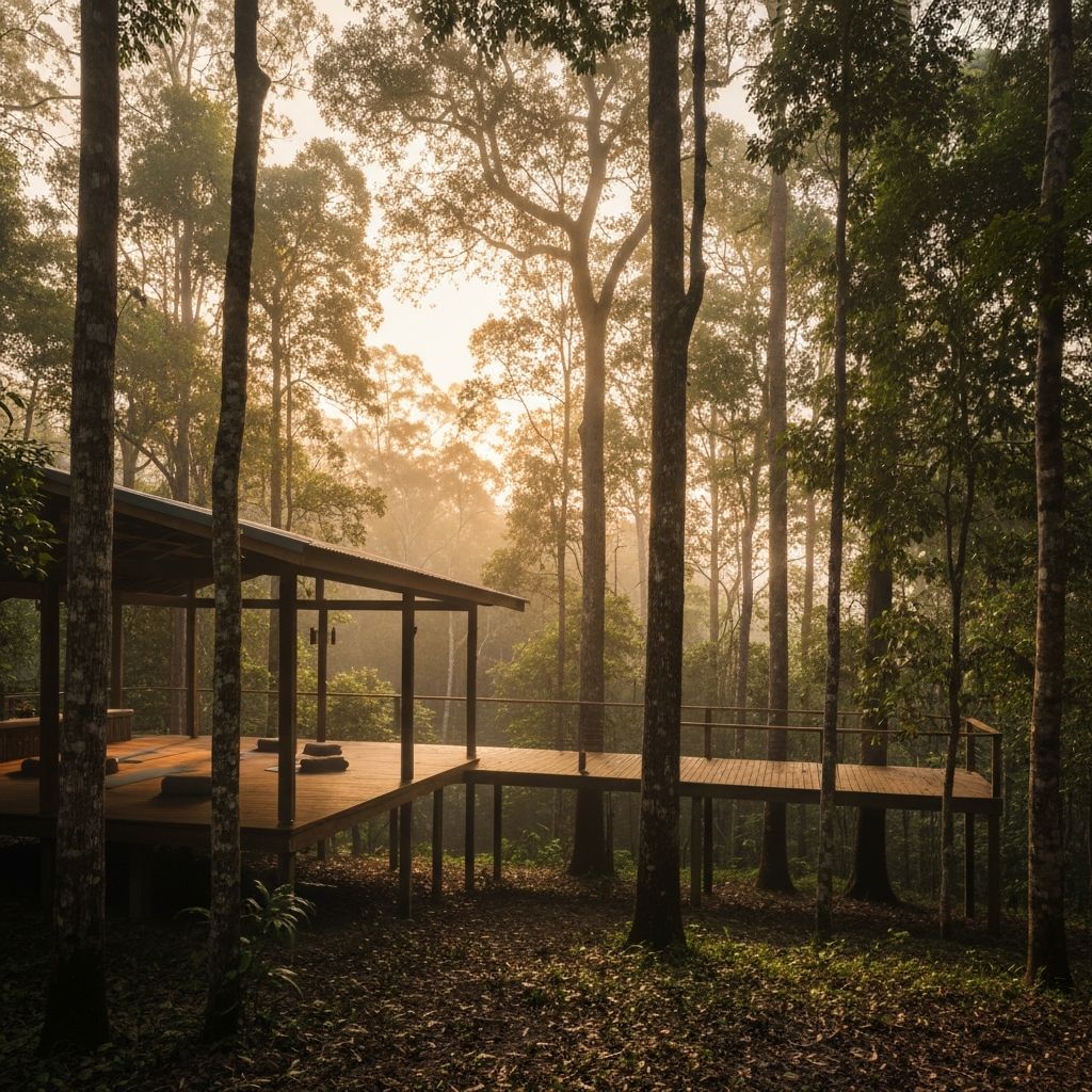 Open-air yoga pavilion surrounded by lush Queensland rainforest at Nirvana Wellbeing Retreat, Beechmont