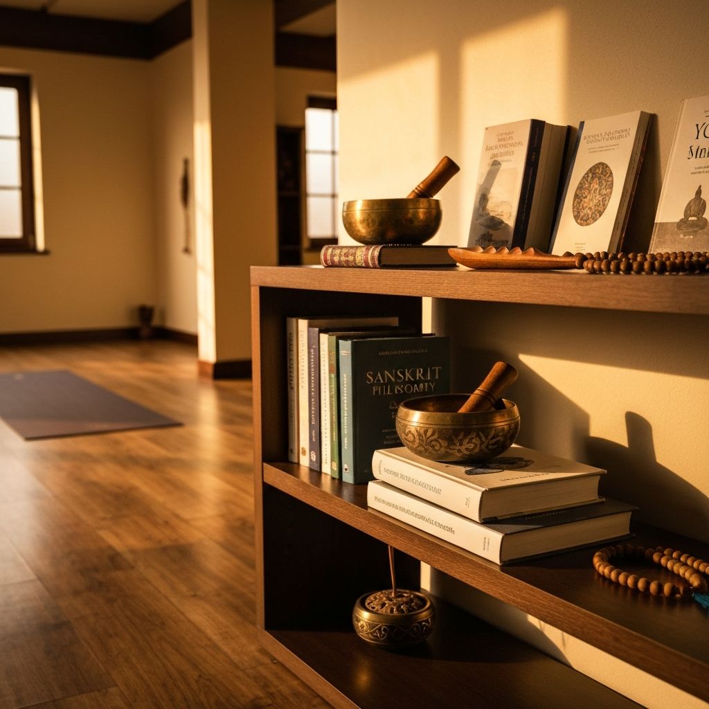 Yoga philosophy books and meditation tools arranged in a peaceful studio space for teacher training