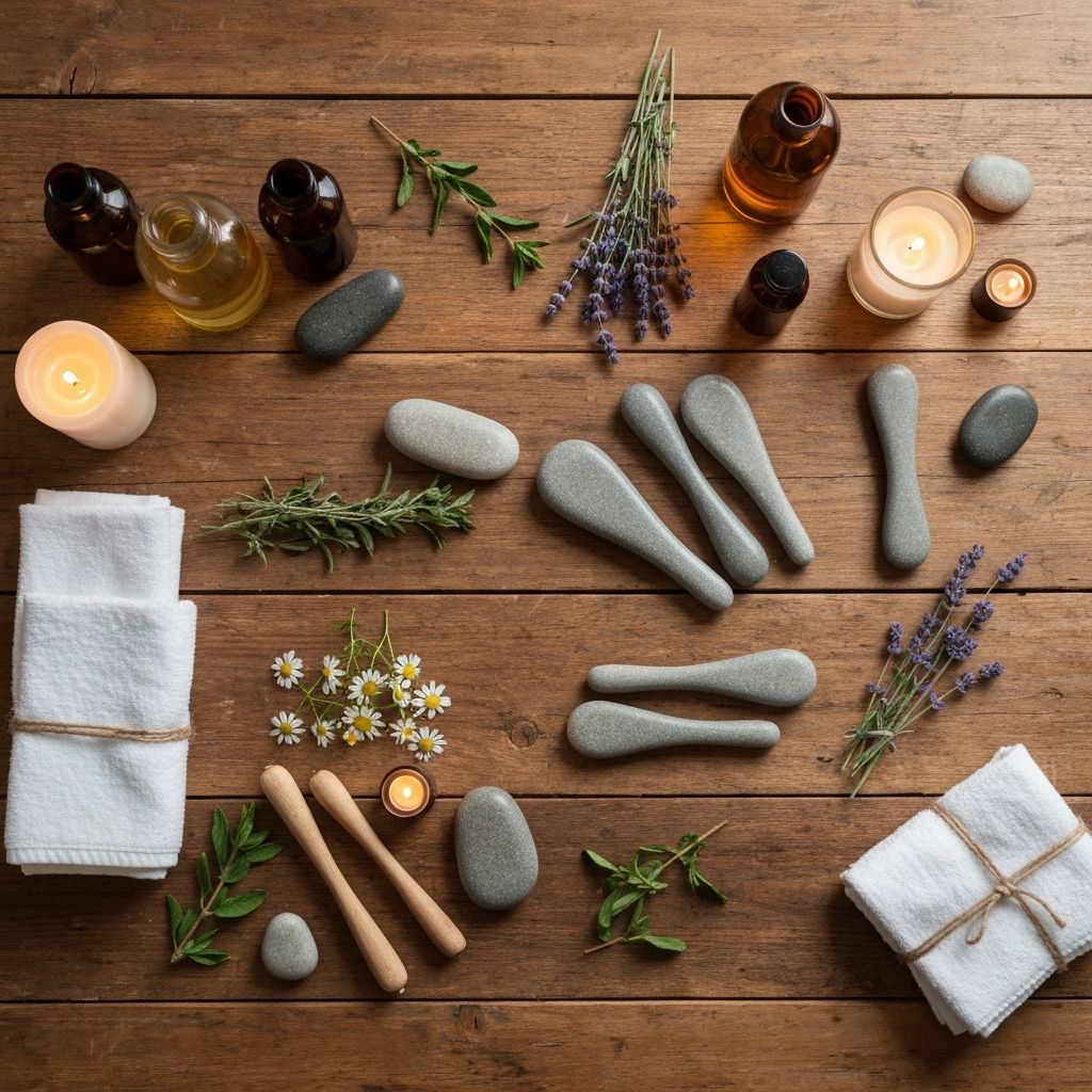 Ayurvedic massage workshop table set with stone tools, aromatic oils, and fresh herbs