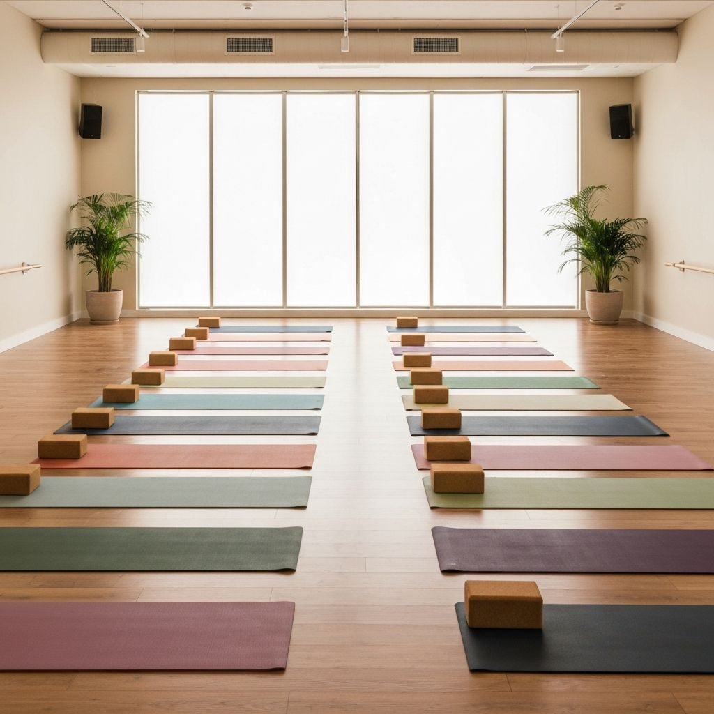 Yoga studio with mats arranged on warm timber floors, ready for a group class
